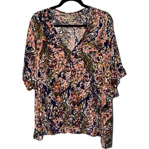 JODIFL Womens 3X V Neck Short Sleeve Floral Boxy‎ Fit Navy Blue